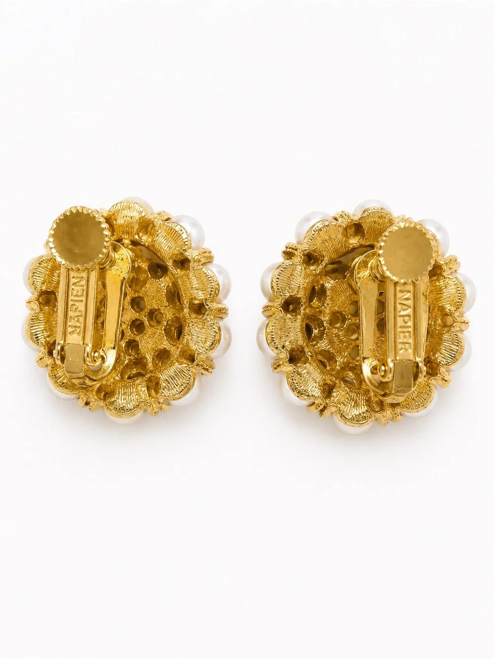 Vintage Signed Napier Faux Pearl Cluster Clip-On Earrings Gold Tone Designer